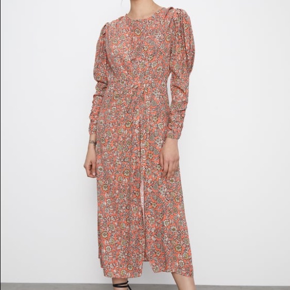 Zara FLORAL PRINTED DRAPED MIDI Flowy DRESS Long Sleeve Puff Shoulders Sz XS NEW - Picture 8 of 16